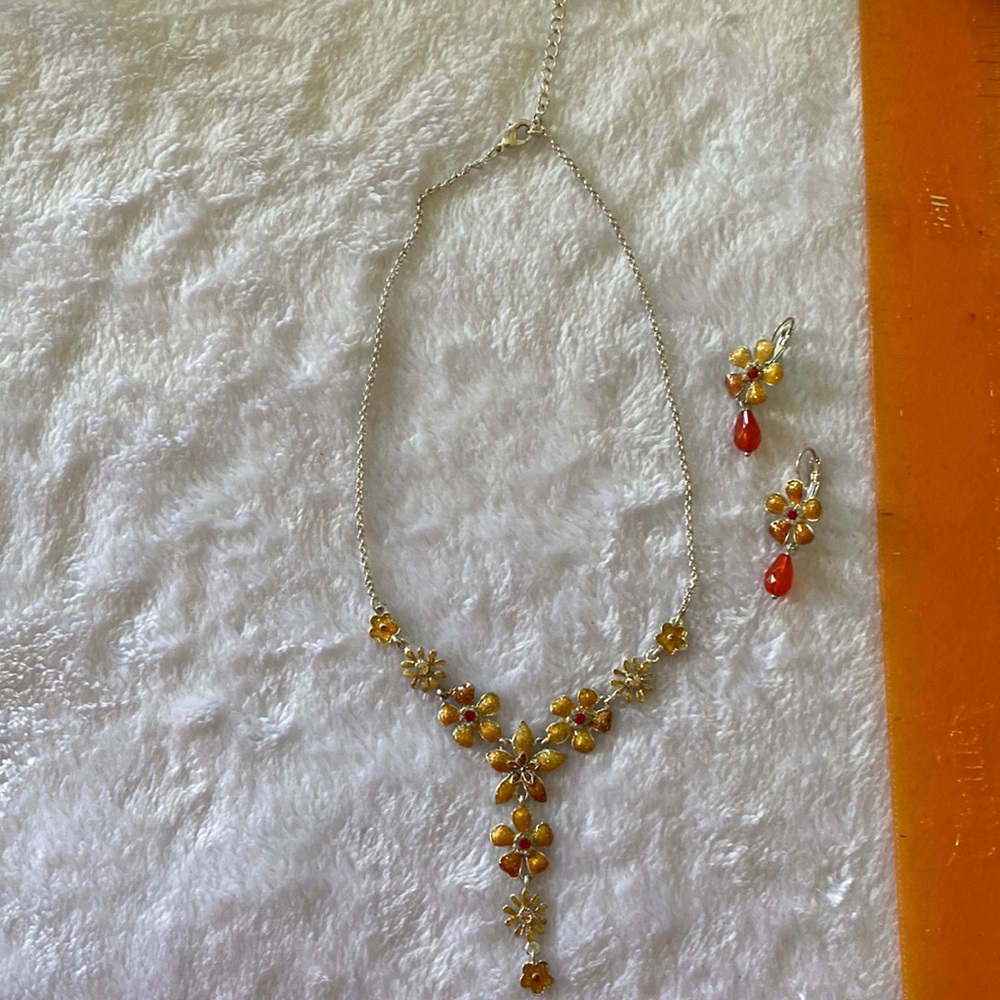 Orange and silver necklace and earring set